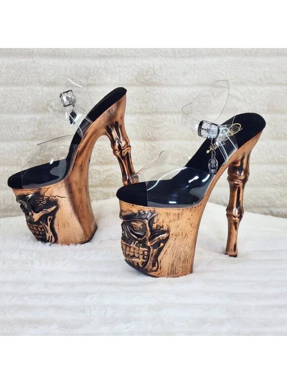 NIB Rapture Brushed Metallic Copper Skull & Bones 8" High Heel Platform Shoes